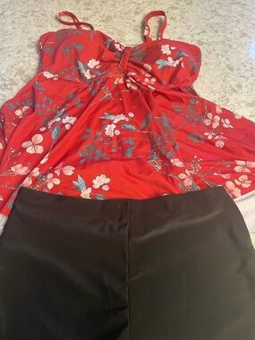 Red Floral Tankini Top with Black Swim Bottom